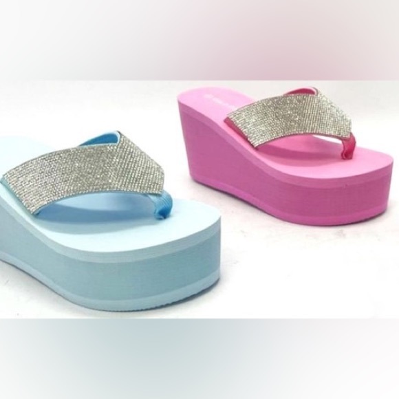 Wild Diva Heat Pink Y2K Rhinestone Embellished Ultra Platform Wedge Sandals - Picture 10 of 10